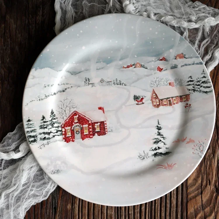 American style snowy countryside Christmas plate, original foreign trade exquisite Christmas fruit decoration plate