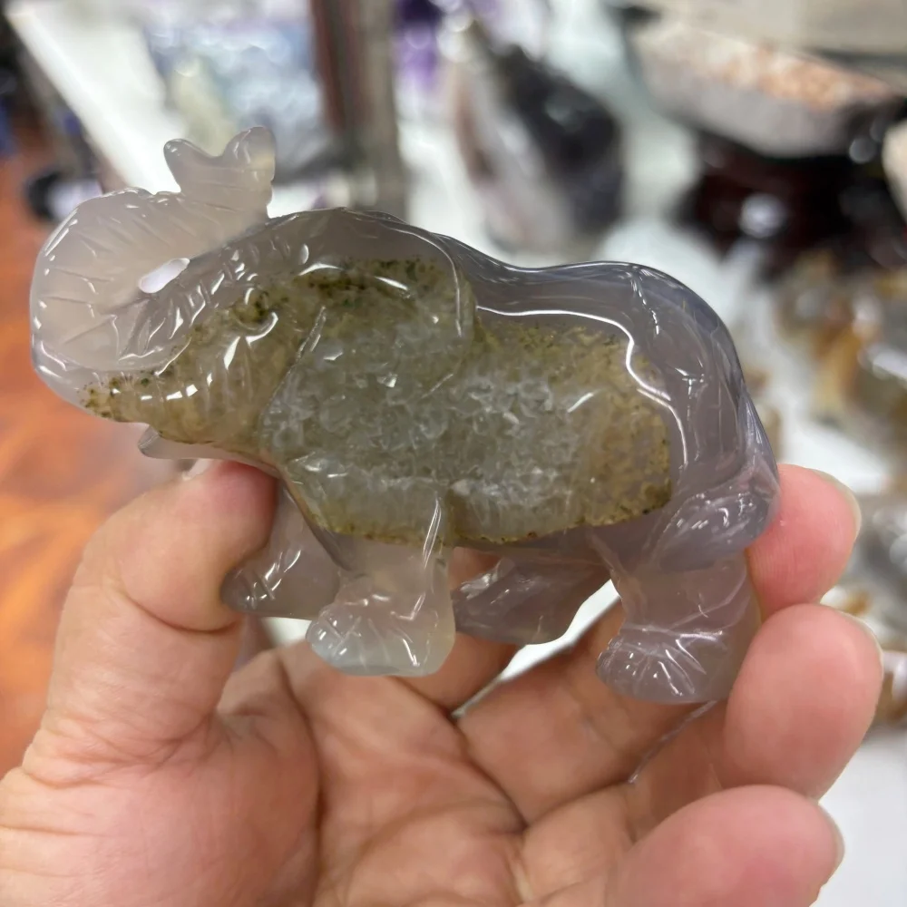 Natural Purple Grey Agate Elephant Carving Druzy Crystal Animal Sculpture Desktop Ornament Home Decoration Collectible Gift