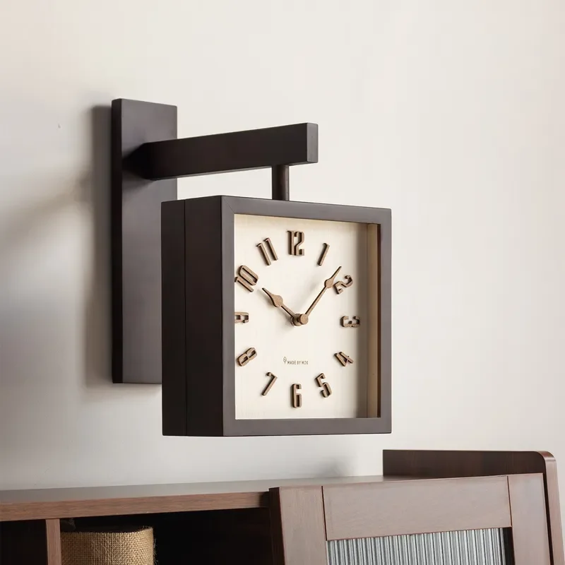Silent Double-Sided Retro Wall Clock for Living Room Bedroom Study Decor Solid Wood Frame Modern Minimalist Japanese Style