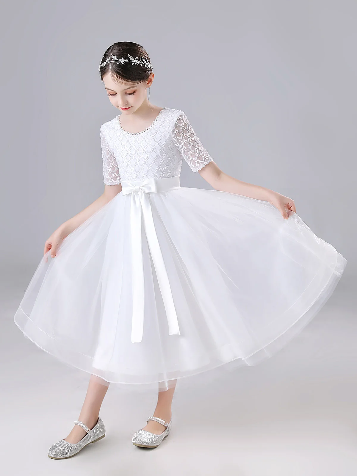 Girls' A-line dress, white princess dress, high-end gorgeous girl's birthday party dinner dress