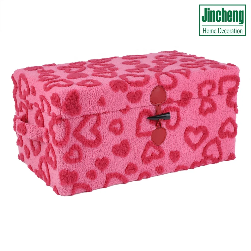 Small Size Pink Plush Fabric Decorative Storage Trunk With Toggle Closure For Girl Kid Bedroom Nursery Home Decor