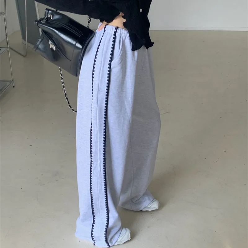 

Casual Fashionable Women's Sweatpants Elastic Waist Lace Trim High Waist Wide Leg Pants Spring 2026 Korean Style Design