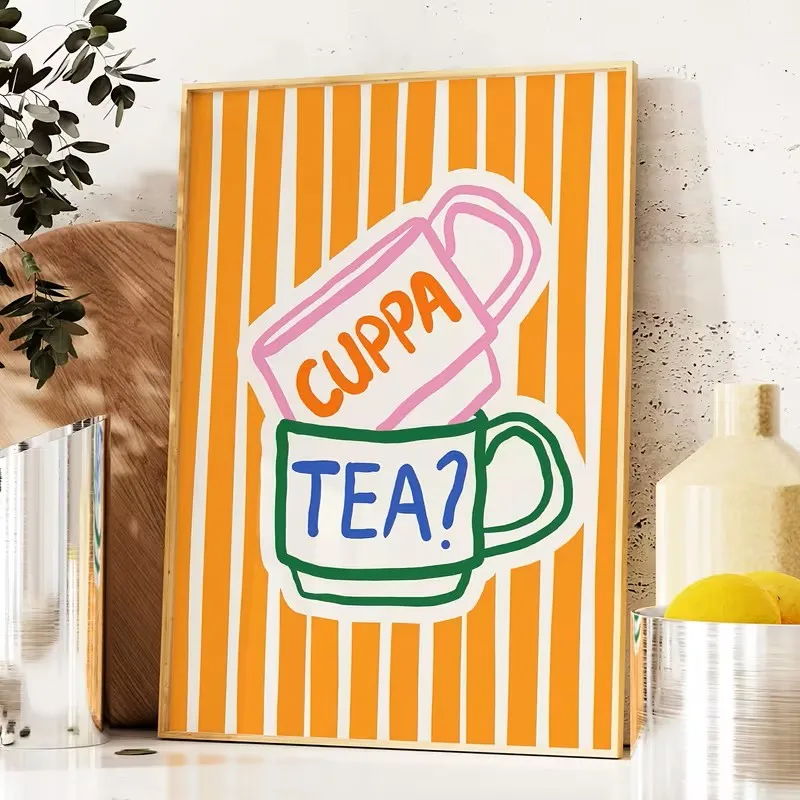 

Modern Tea Cup Pattern Printed Minimalist Orange Stripe Canvas Poster Image Wall Art for Living Room Kitchen and Home Decoration