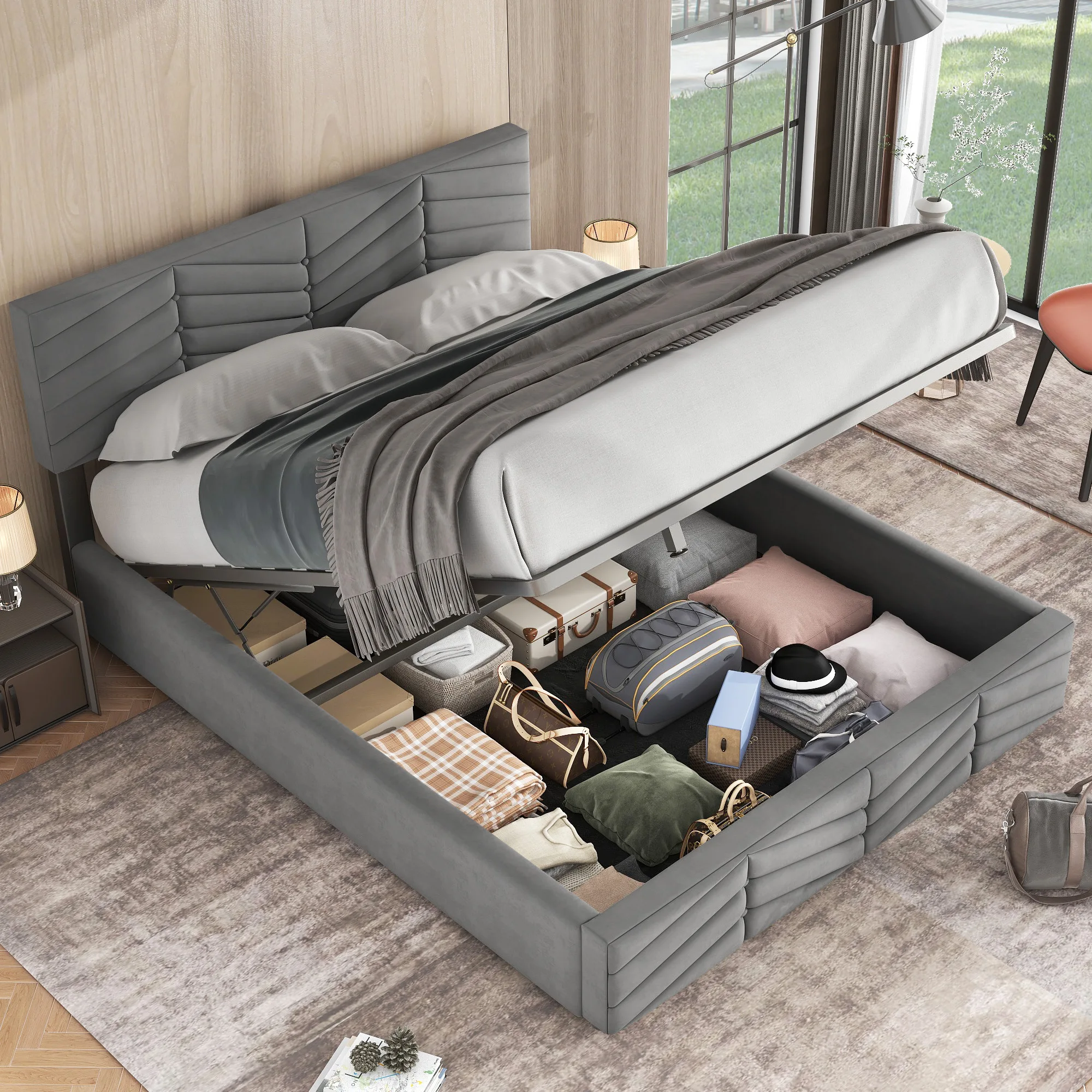 Lit coffre 140x190 cm - Lit double rembourré avec sommier à lattes - Velours - Gris