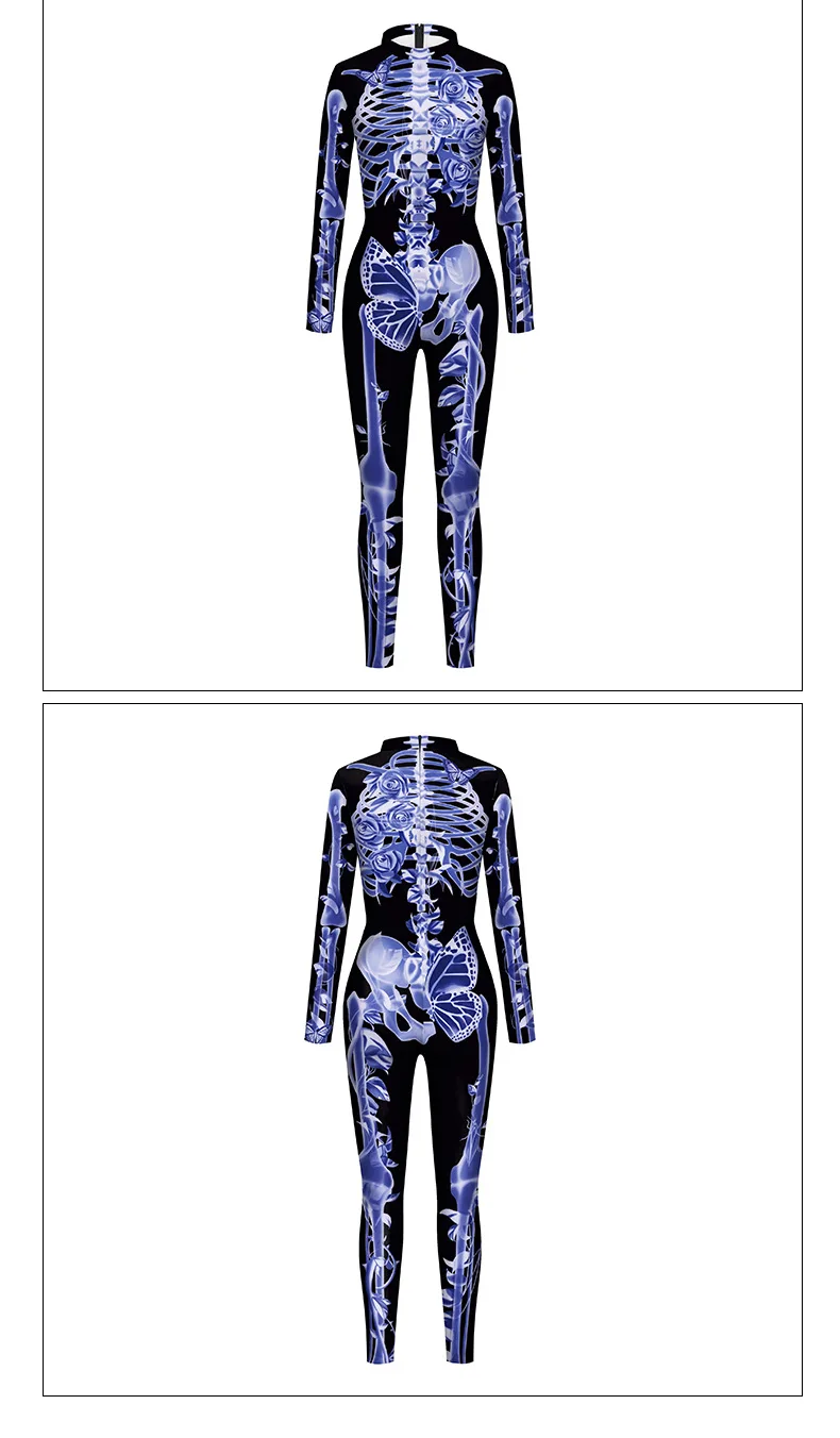 Halloween Skelett-Rosen-Druck Jumpsuit für Frauen, The Dead Cosplay Bodysuit, Sexy Zentai-Anzug, Karnevalsparty Bühnen-Morphsuit Neu – Detail 9