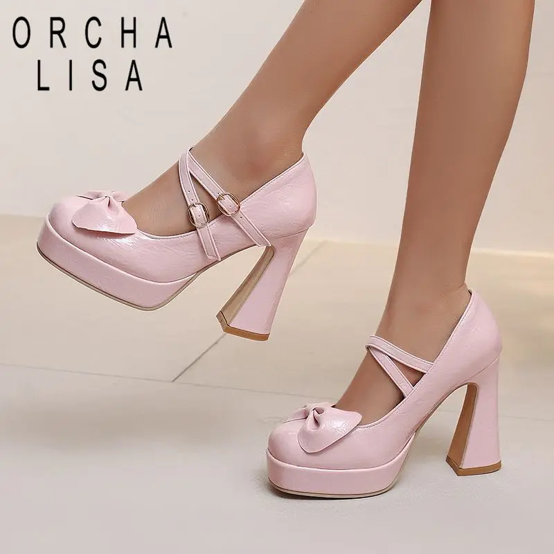 

Туфли-лодочки ORCHA LISA для женщин, с квадратным носком, каблук 10,5 см, платформа 2,5 см, с пряжкой, бантом, большие размеры 43, 44, 45, для свиданий, сексуальные