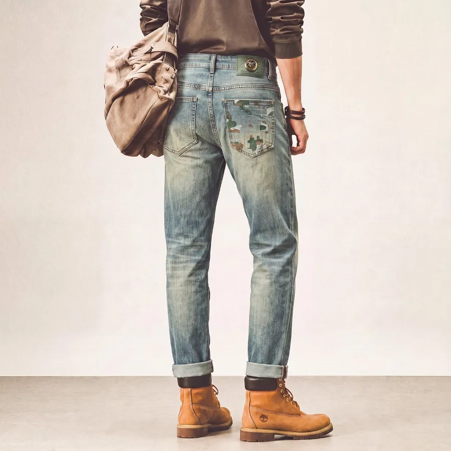Men's Retro American Trend Straight Leg Denim Pants, Autumn and Winter Thick Fit, Loose Elastic Versatile Casual Jeans