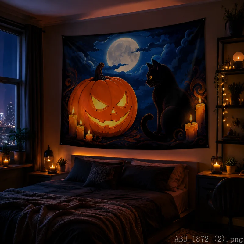 VIKAMA Spooky Evil Pumpkin Tapestry, Halloween Fall Maple Leaf Swirl Wall Hanging for Bedroom Home Decor