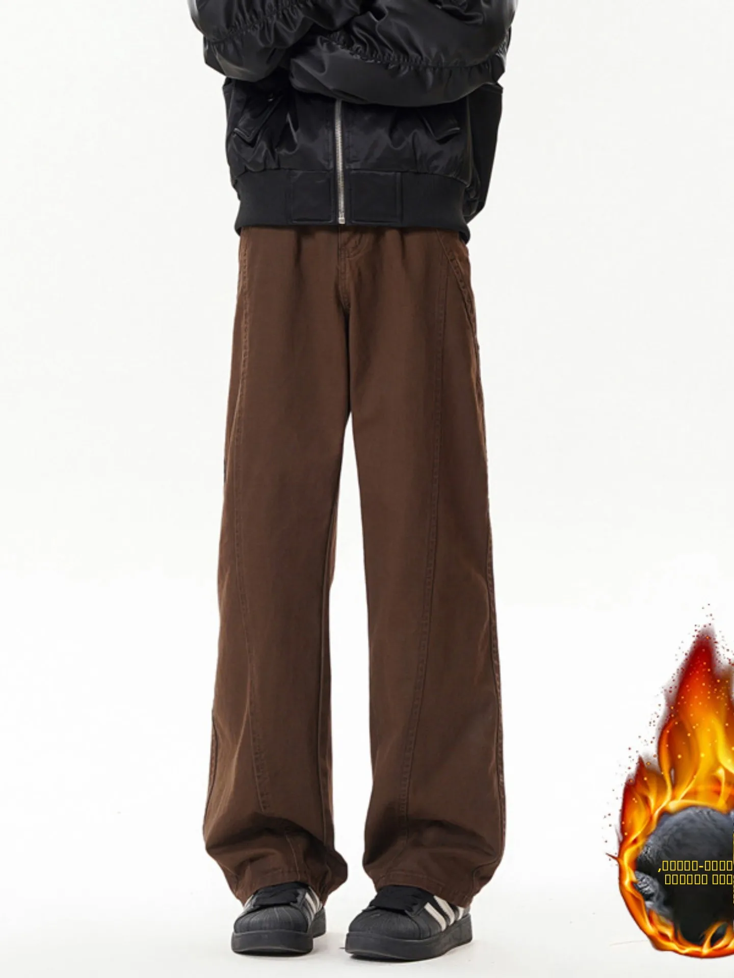 

American High Street Retro Cut Pure Color Casual Jeans Men's Autumn Winter Advanced Simple Casual Fleece Denim Trendy