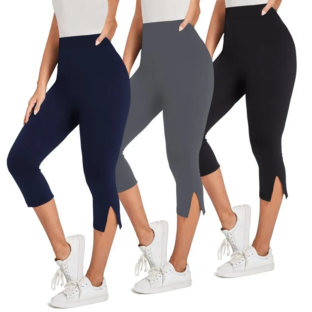 Women's High Waist Leggings 4-Way Stretch Yoga Athletic Pants Black Capri Navy Blue Gray Cropped 3/4 Length Fitness Trousers