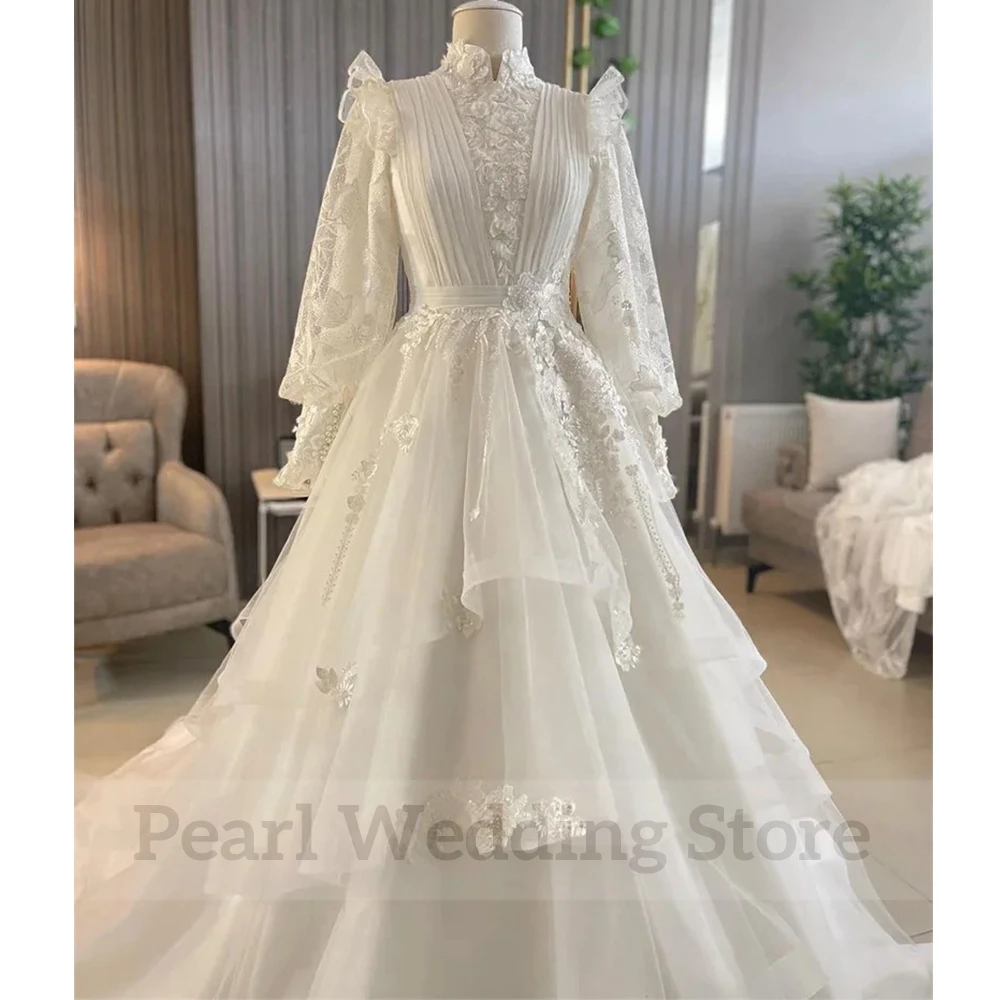 Vintage Irregular Tiered A-Line Wedding Dress High Neck Long Sleeves with Pleat and Applique Custom Made Bridal Gowns Robe