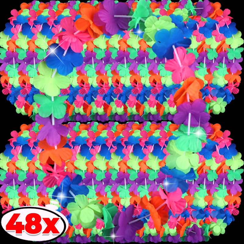 5/48 Uds. Corona hawaiana fluorescente, guirnaldas de flores artificiales, guirnaldas para playa, cumpleaños, Fiesta EN LA Piscina, collar, suministros de decoración