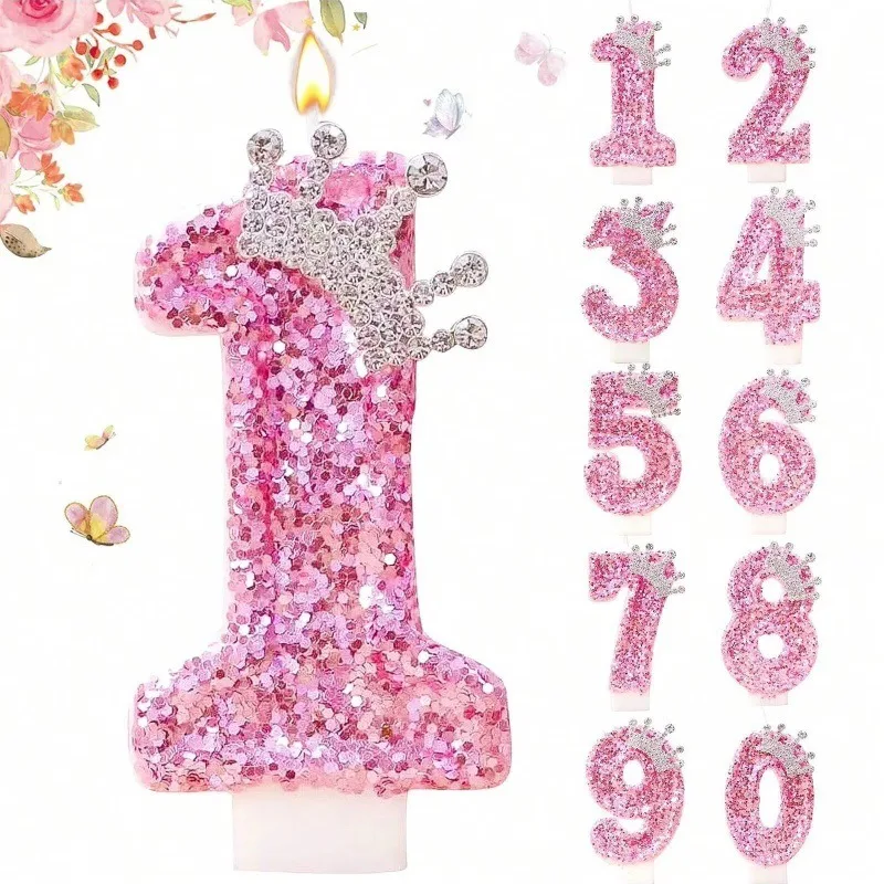 Pink Crown With Sequins Birthday Candles for Cake,Glitter Number 0-9 Candle Cake Topper For Women Birthday Celebrations Supplies