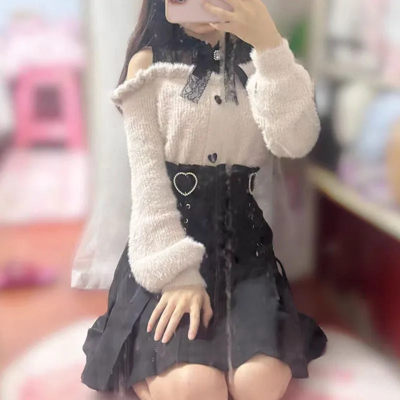 Pullover rajut Lolita manis pakaian musim dingin sweter bahu terbuka pita renda Kawaii Jepang baju rajut lengan panjang elegan anak perempuan