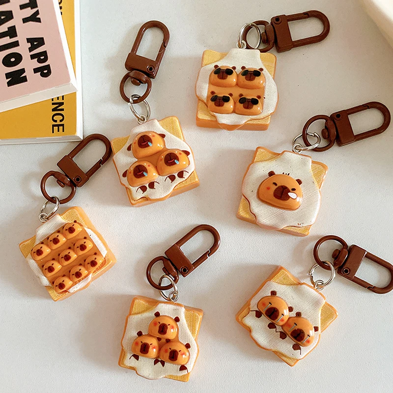 1Pcs New Creative Toast Bread Capybara Keychain Imitation Food Game Resin Keyring Student Girl Ornaments Backpack Pendant Gift