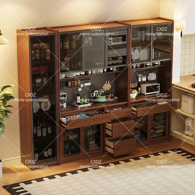Solid wood dining side cabinet integrated against the wall Full wall cabinet with socket Living room household wine cabinet