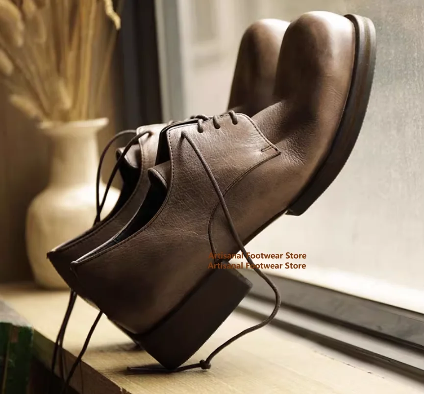 Retro Low Top Casual Shoes Big Round Toe Derby Shoes Vintage Upturned Toe Breathable Leather Shoes Trendy Handmade Men's Shoes