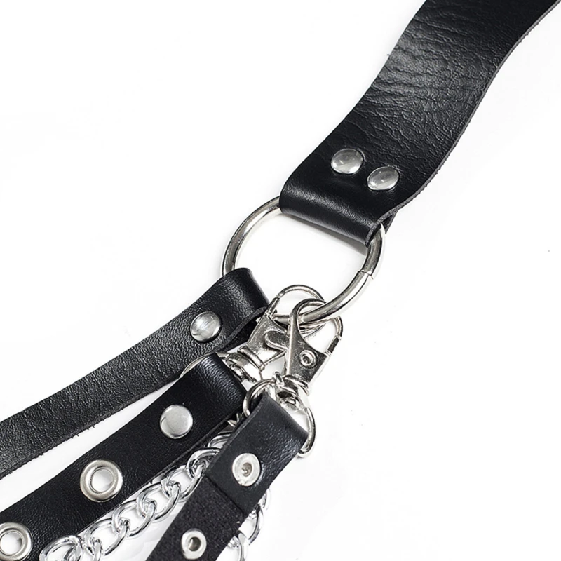 Fashion Women Gothic Punk Waist Belt Chain Metal Circle Ring Design Silver Pin Buckle Leather Black Waistband Jeans Waist Belts