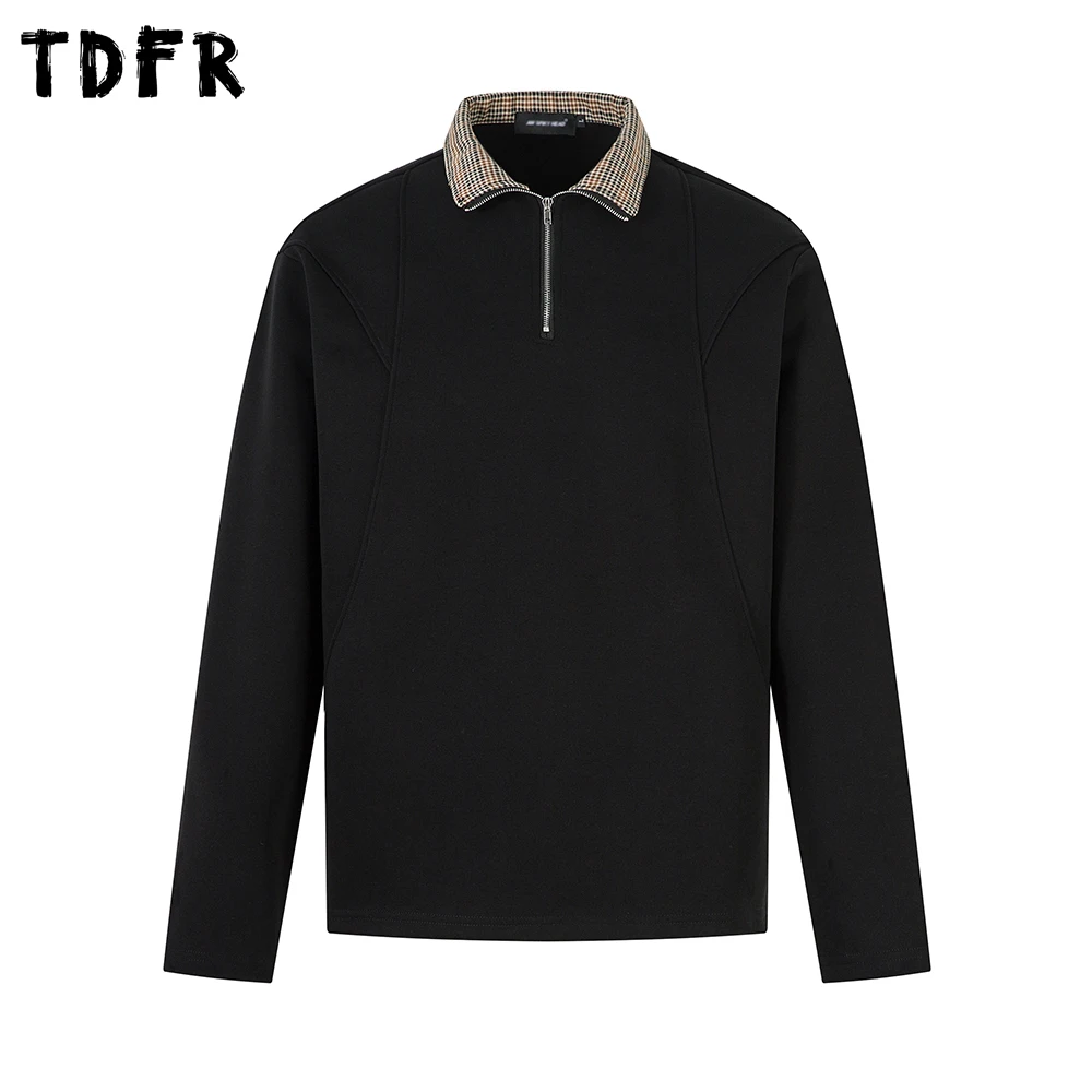 

Houndstooth Spliced Lapel Long Sleeve T-shirt Mens Autumn Loose Half Zipper Loose Tshirt Man Tops