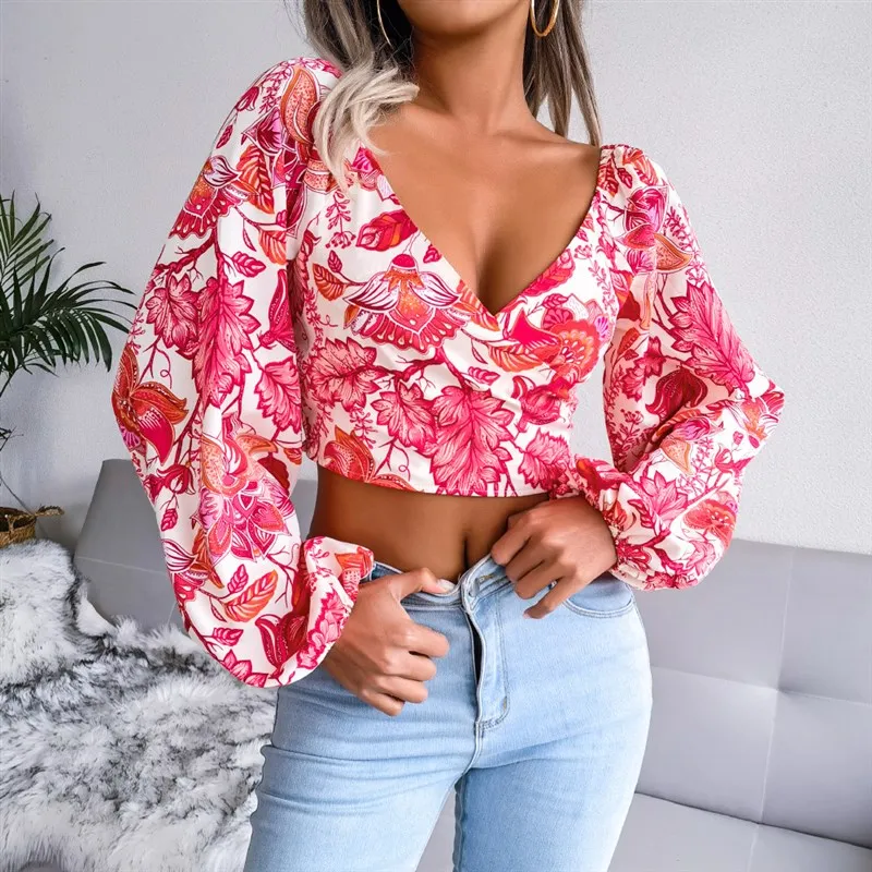 

Floral V-ne Lantern Sve Blouse Women's High Waist European Sle irt Long Sve Summer 205 Seasonal Faion Clothing
