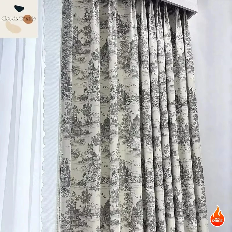 

French Velvet Print Blackout Curtains for Living Dining Room Bedroom Vintage American Balcony Finished Curtains Light customize
