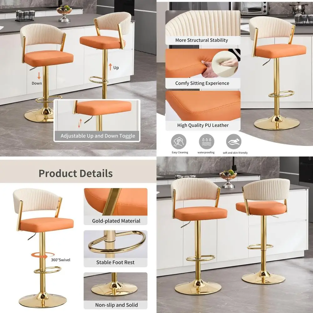 

Набор из 2 оранжевых регулируемых поворотных барных стульев с подлокотниками и подставкой для ног, стулья из искусственной кожи для кухни или столовой