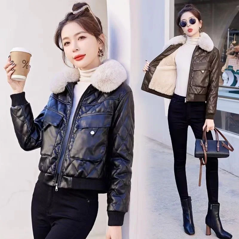 Fur Collar Thick Leather Jacket With Velvet Leather Jackets Women\'s Short Winter New Fashionable Motorcycle Cotton Fur Outwear