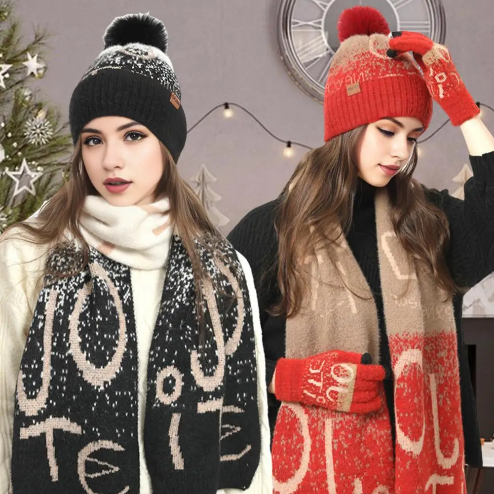 3 Pcs Unisex Christmas Beanie Scarf Gloves Set Knitted Jacquard Warm Cap Gloves Ear New Yaer Gift Dome Neck Wrap Set