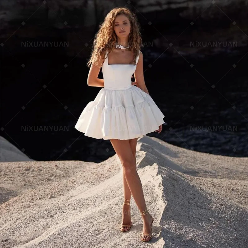 Einfache Mini kurze Brautkleid Rüschen Rock ärmel los über dem Knie Falten Brautkleider geschwollene Vestido de Novia 2023