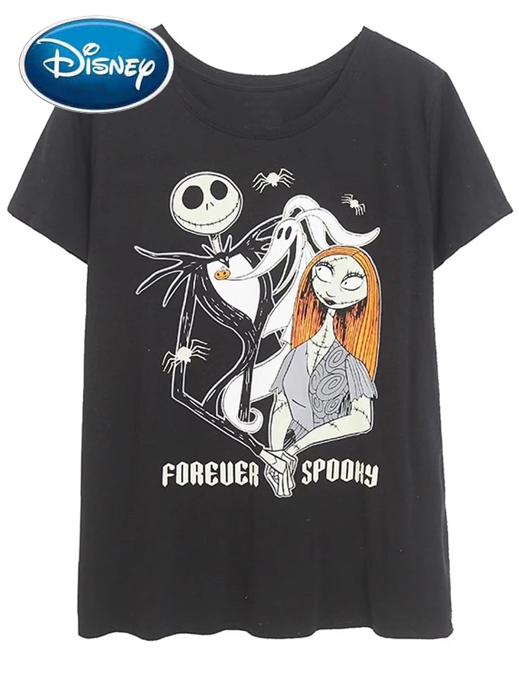 Disney The Nightmare Before Christmas Cartoon Print T-Shirt Fashion Women O-Neck Pullover Short Sleeve Tee Tops Black Female