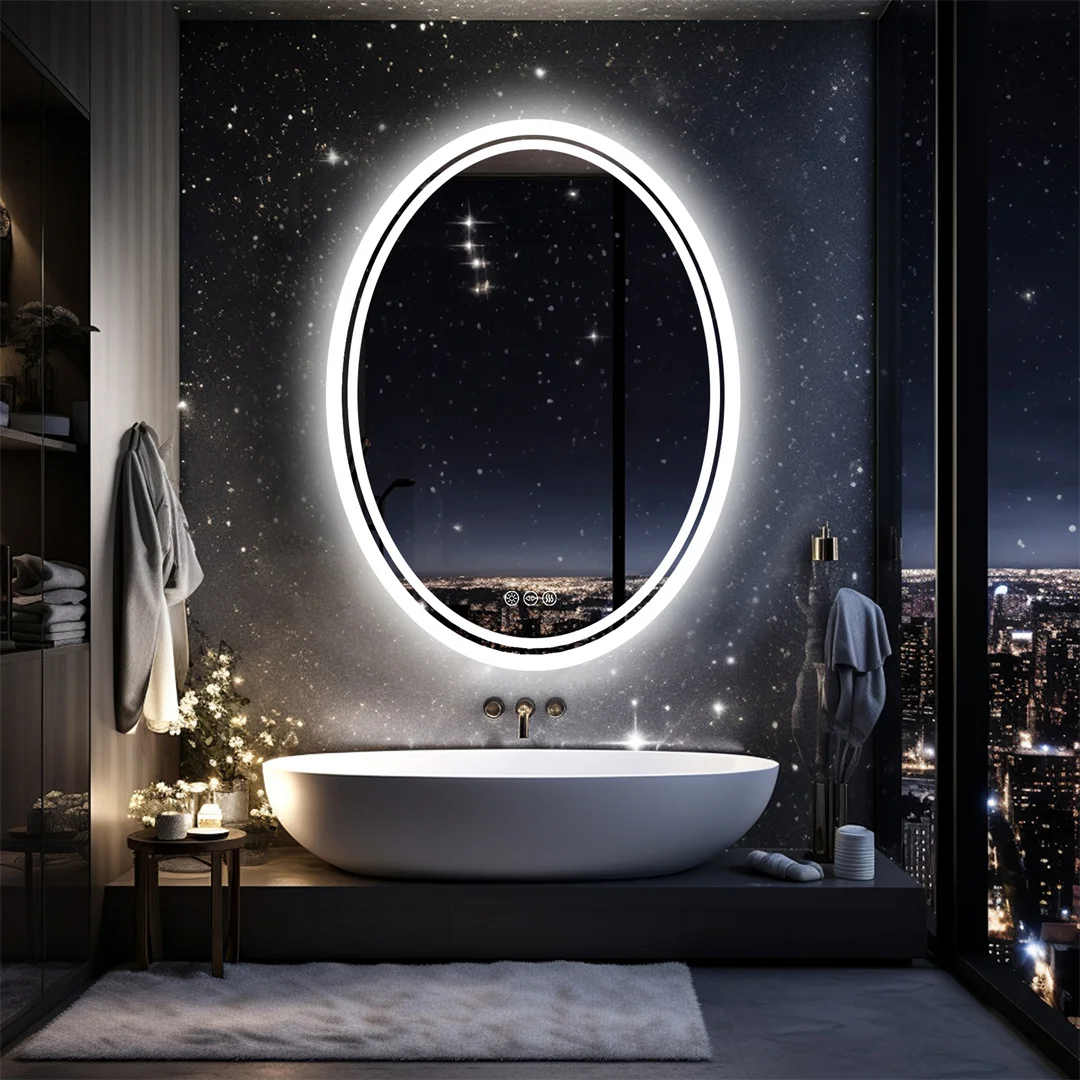 LUVODI 60x80cm Modern Oval LED Backlit Bathroom Mirror Wall Mounted Dressing Mirror with Demister for Home Hotel Salon Decorative Beauty