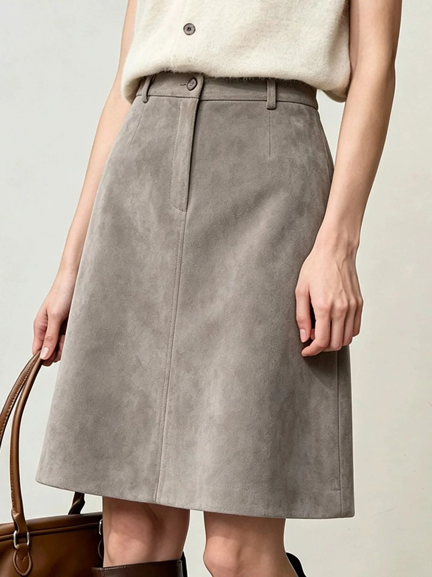 Gray Fashionable Suede  Skirt Women's High Waist Slimming A-Line Skirt Versatile Commute Style Non-Stretch High Waist