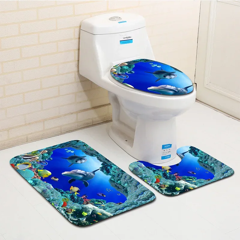 3D Ocean Seabed Animals Toilet Cover Bath Mat Sets Fish Dolphin Printed Bathroom Curtain Set Waterproof Fabric Shower Curtains