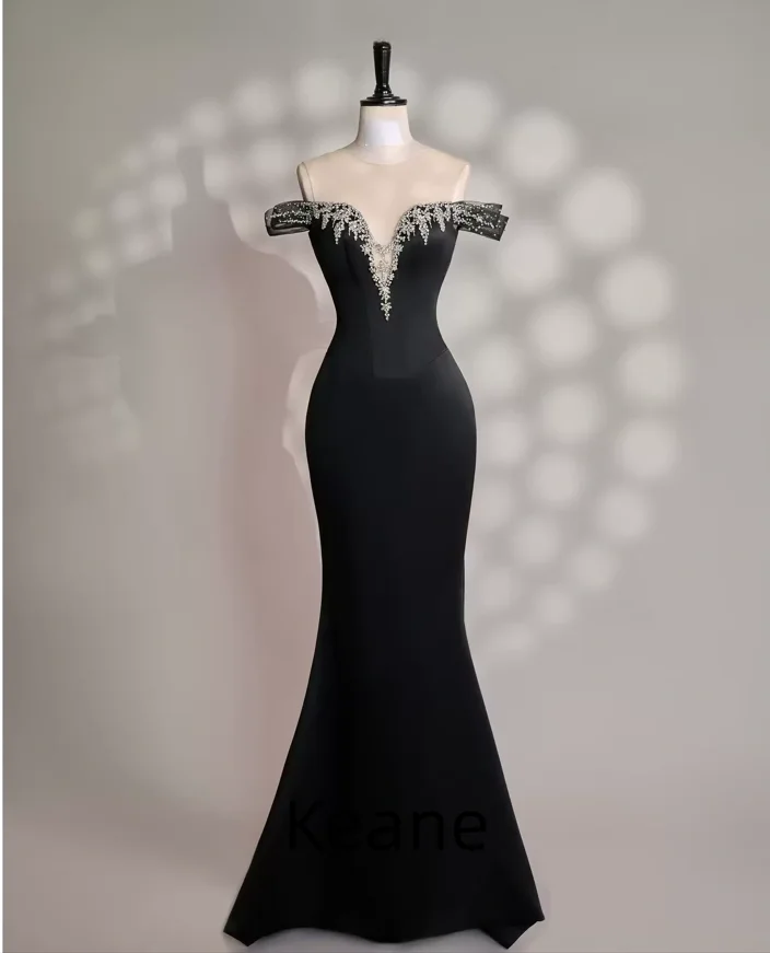 

Черное вечернее платье-русалка с открытыми плечами, расшитое серебряными бусинами, на заказ, элегантное платье для особых случаев, выпускные платья