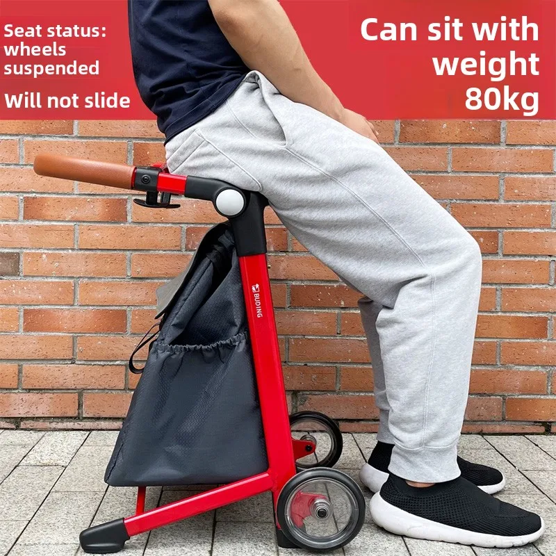 Aluminum Foldable Shopping Trolley with Seat for Elderly Lightweight Portable Cart Grocery Pulling Hand Truck Sitting Caddy