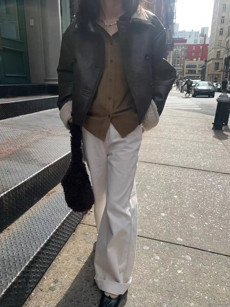 

Warmth Vintage Sle Women's Jaet Double Row Buttons Collar PU Leather Fur Inteated ort Coat Thiened Long Sve