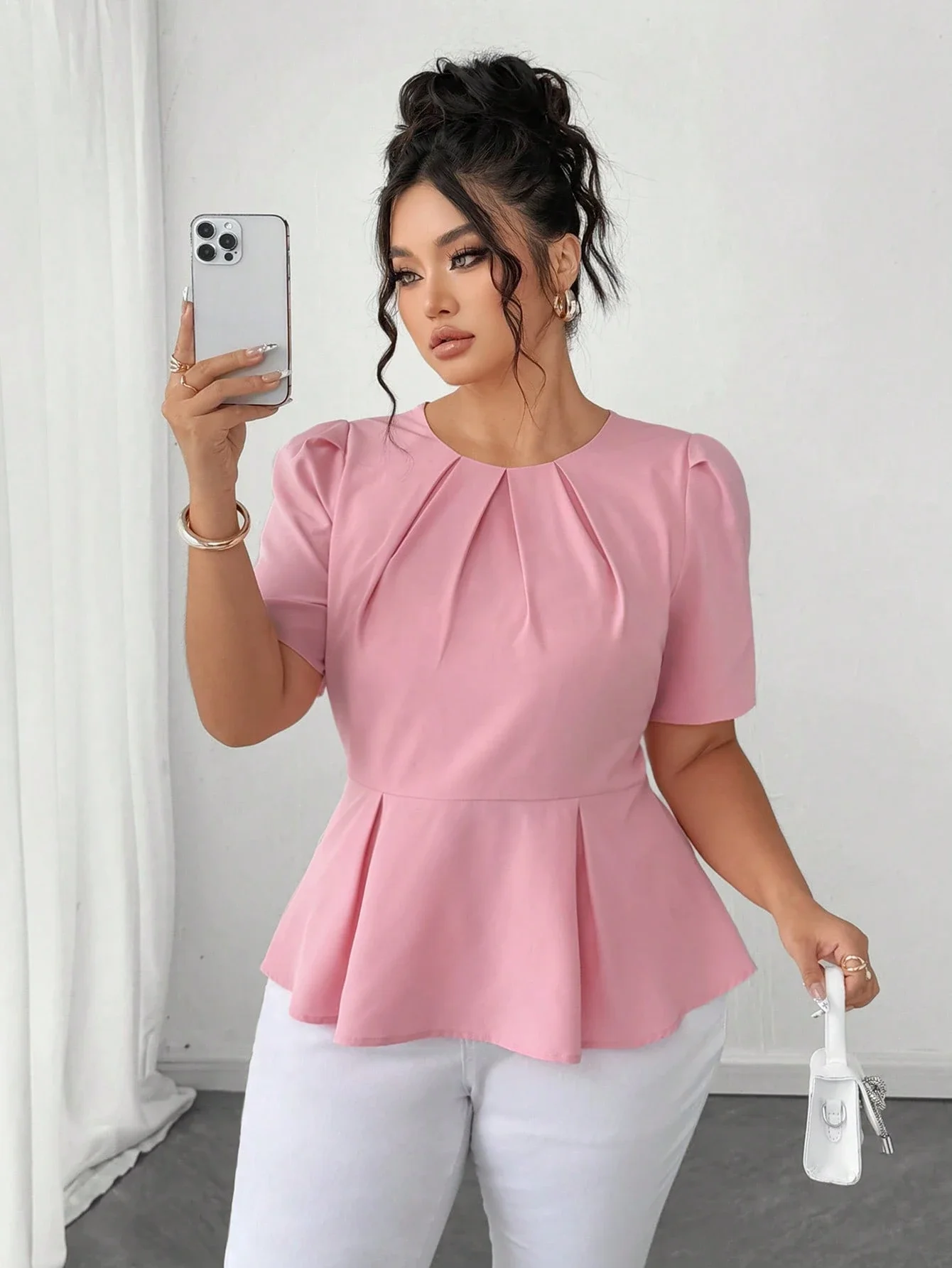 

Plus Size Women Elegant Peplum Top Short Sleeve Solid Color Blouse