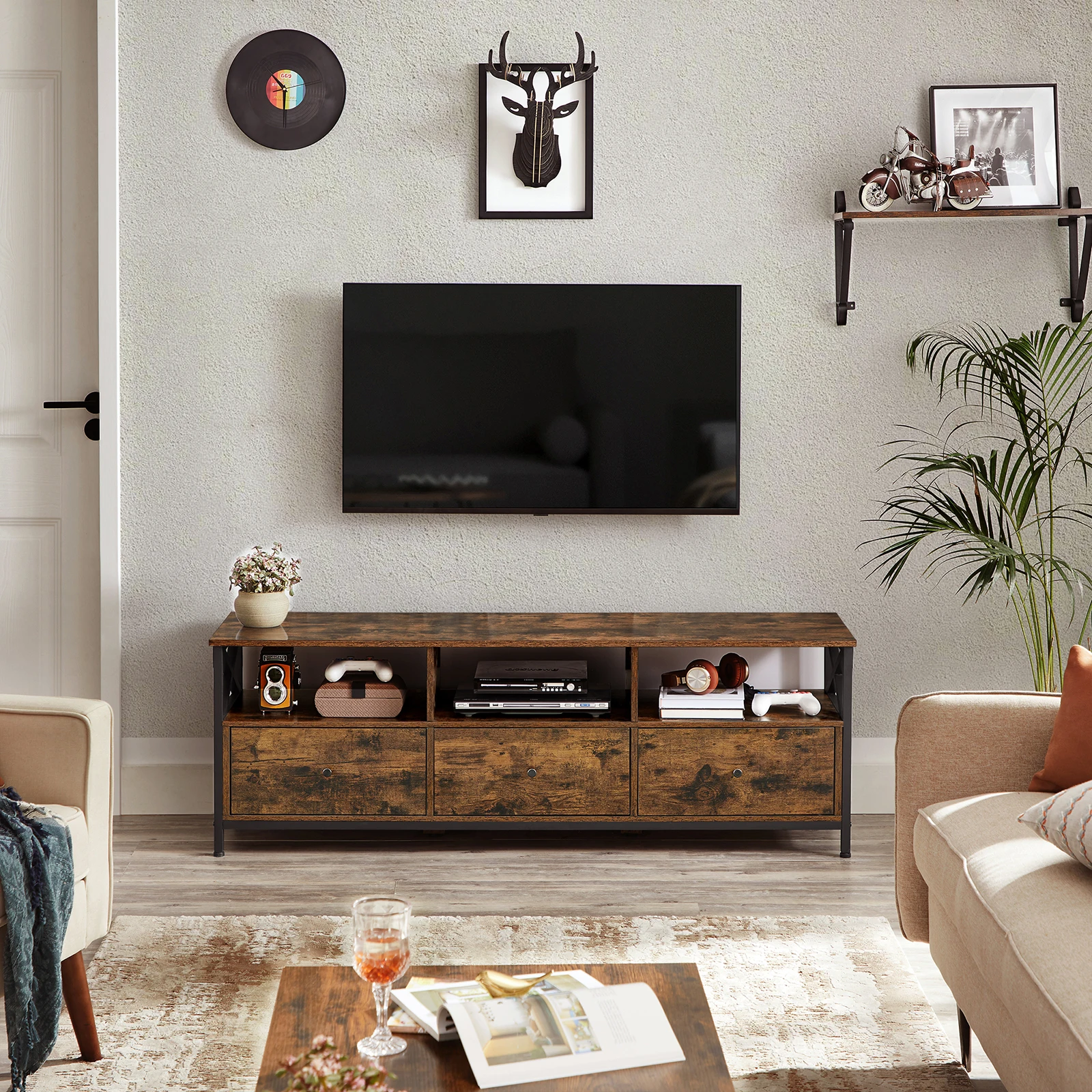 VASAGLE TV Stand, TV Cabinet for up to 65 Inch TV, TV Table with 3 Drawers and 3 Open Shelves, 40 x 147 x 50 cm, Steel Frame