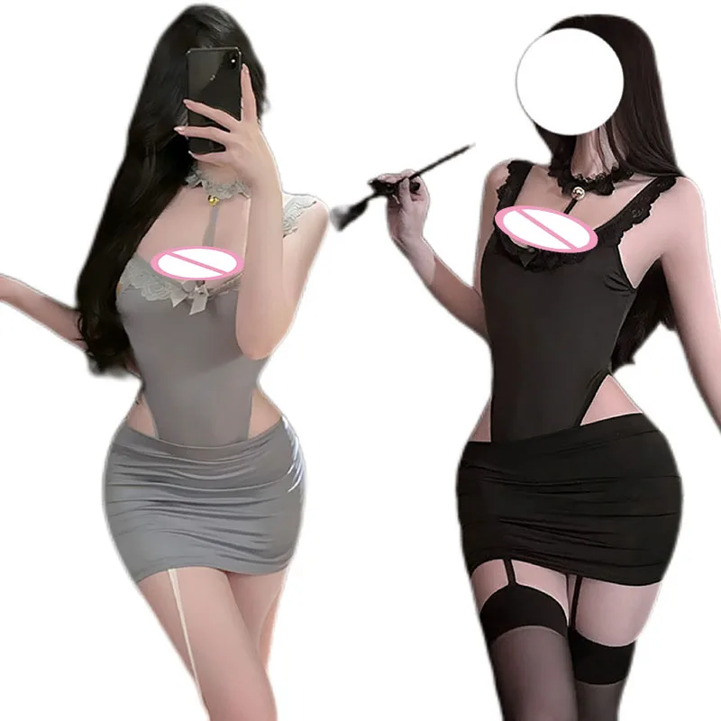 

New Fashion Sexy Lingerie OL Secretary Cosplay Costumes Seduction Butterfly Knot Hollow Out Bodysuit Lace Wrapped Hip Skirt Set