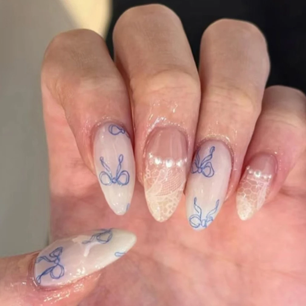 

White Bow Tie Lace Pearl Bowknot Ribbon Long Pointed Fake Nails Art French Ballet False Nails Rhinestones Press on Nails Tools