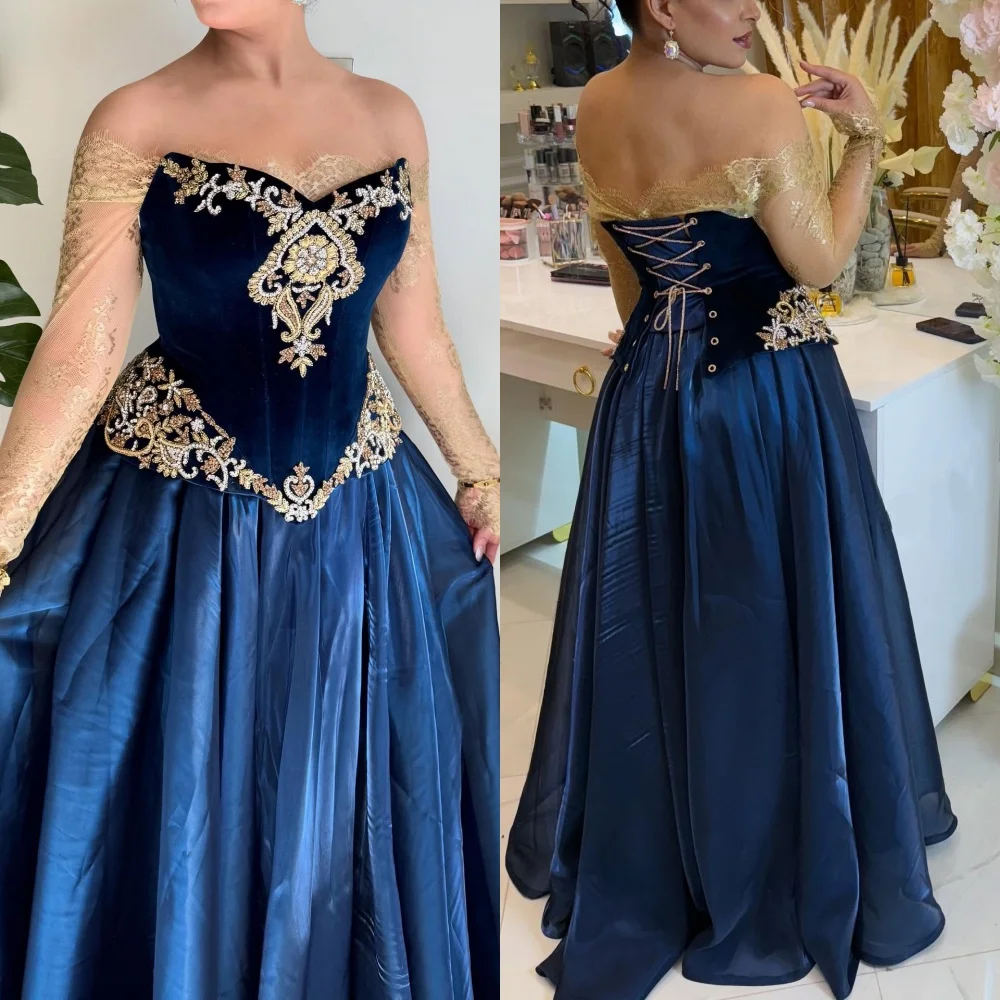 Customized Charmeuse Rhinestone Lace Off-the-shoulder A-line Long Dresses Bespoke Occasion Women Luxury Evening Sparkle Party