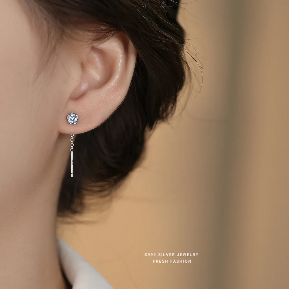 S999 Sterling Silver Blue Zircon Flower Tassel Earrings for Women Long Shiny Sweet Korean Simple Versatile Earrings - Image 2