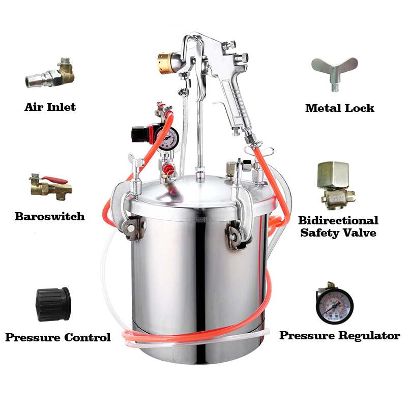 Stainless Steel Pressure Tank 10L Pressure Pot Paint Tank with Regulator Pressure Gauge for Large Volume Painting and Autobody