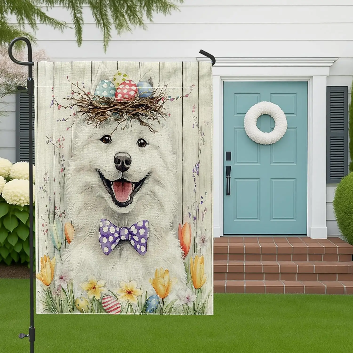 Spring Easter Samoyed Dog Garden Flags 12x18 Inch for Outside, Rustic Country Puppy Standard Vertical Linen Flags, Farmhouse PPM