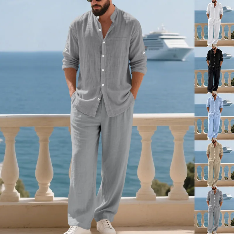 2025 Spring and Autumn Linen Loose Men's Suit Breathable Simple Henley Shirt Long Sleeve Home Beach Long Pants Suit for Men