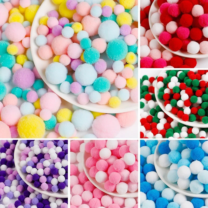 

130PCS Wedding Decor Glue On Cloth Accessories Macaron Pompom Fur Balls 1CM TO 3CM Pompones DIY Soft Pom Poms Craft