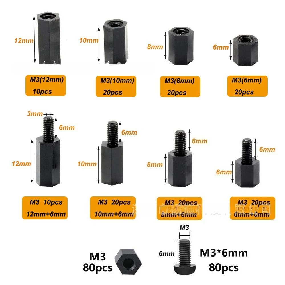 300Pcs Boxed Black Nylon Hex Spacer Set M3 Cross Round Head Screws Single Double Standoff