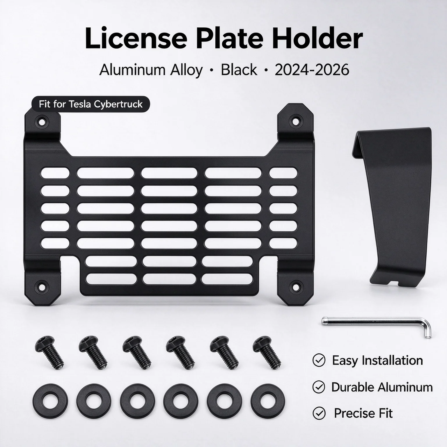 Front License Plate Holder Mount Bracket Complete Kit For Tesla Cybertruck 2024‑2026, Black Aluminum Alloy Exterior Car Accessor