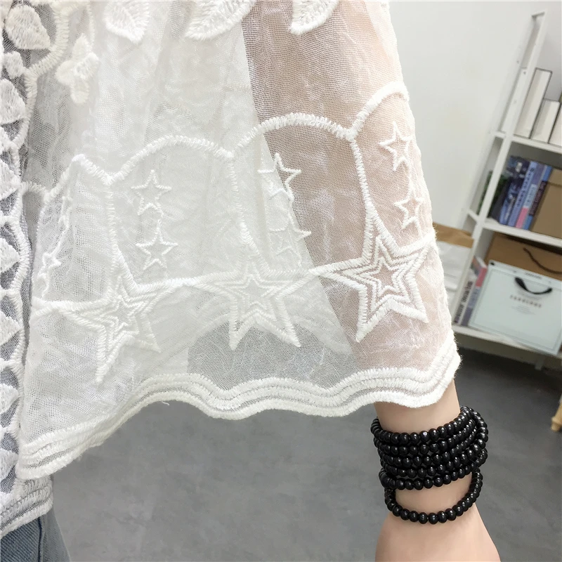 Embroidery Lace White Shirt Woman Summer 2024 Flare Sleeve Elegant Blouse Women Blusas Casual O-neck Tops Female Clothing 25897