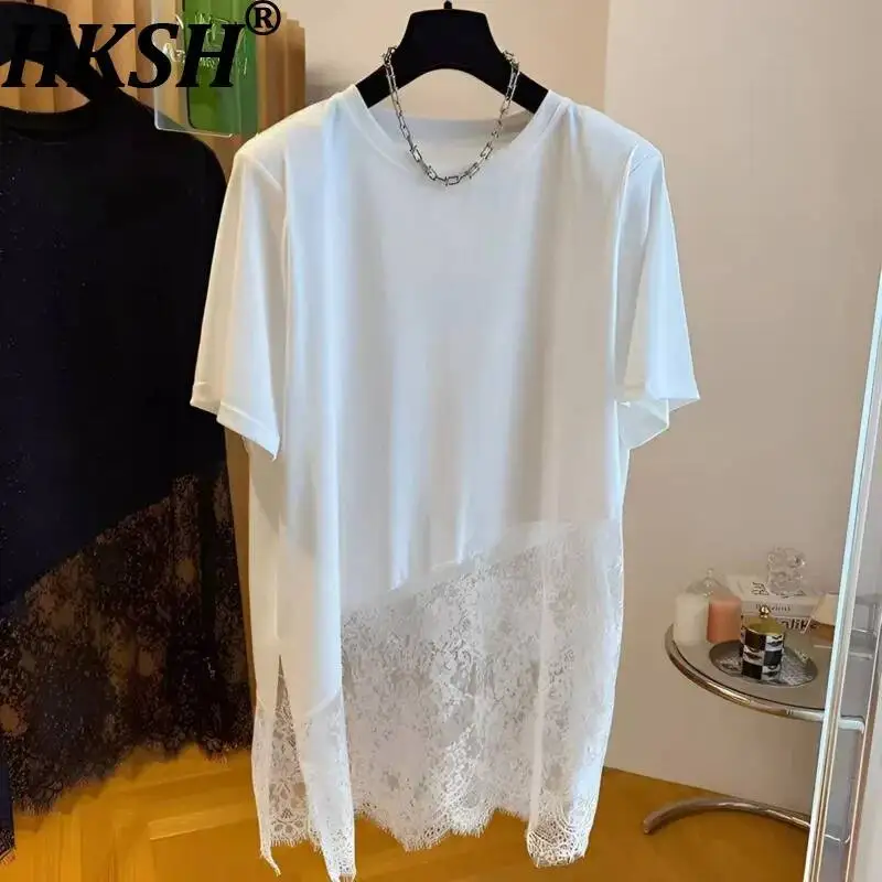 

HKSH Women T-shirt Niche Design Mesh Lace Patchwork Loose Short Sleeve Tees Trend Fashion Casual Oversized Versatile Top HK24401